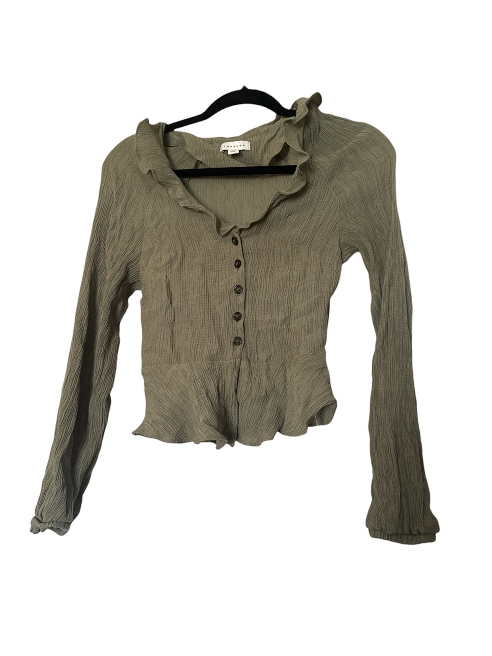 Topshop Olive Smocked Ruffle Button-Front Long Sleeve Blouse
